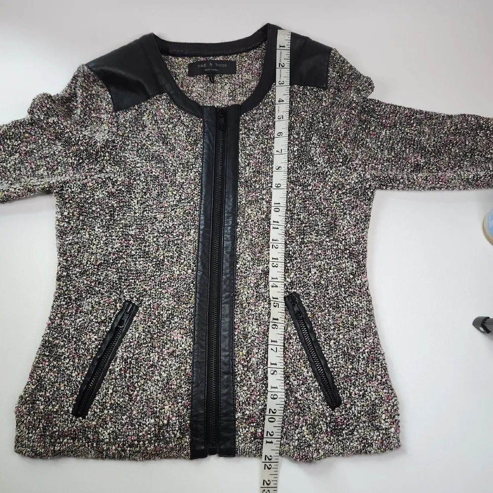 Rag & Bone Lory Tweed Lambs Leather Trim Zip Up Cardigan Jacket Size Small $495 Gray - Image 9