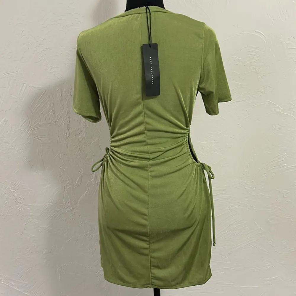 Know One Cares Green Shimmery Cinches Waist Cut Out & Tie Mini T-Shirt Dresss - Image 3