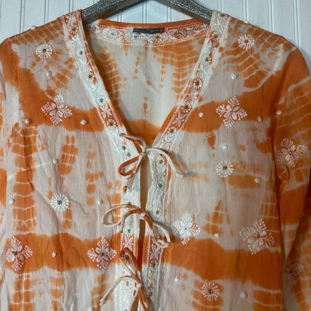 Letarte Orange White Tie Dye Floral Tie Front Cover Up Dress - Image 3