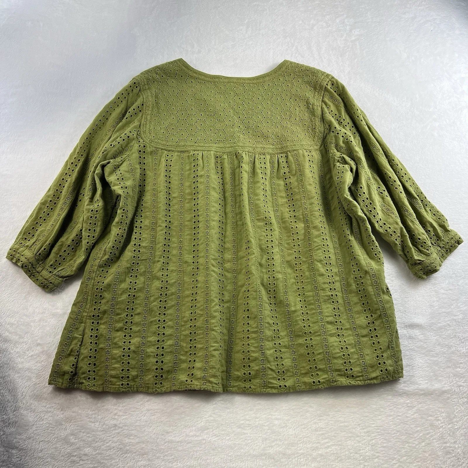 Charter Club Woman Plus 16W Blouse Green Eyelet Boho Peasant Keyhole 3/4 Sleeve - Image 10