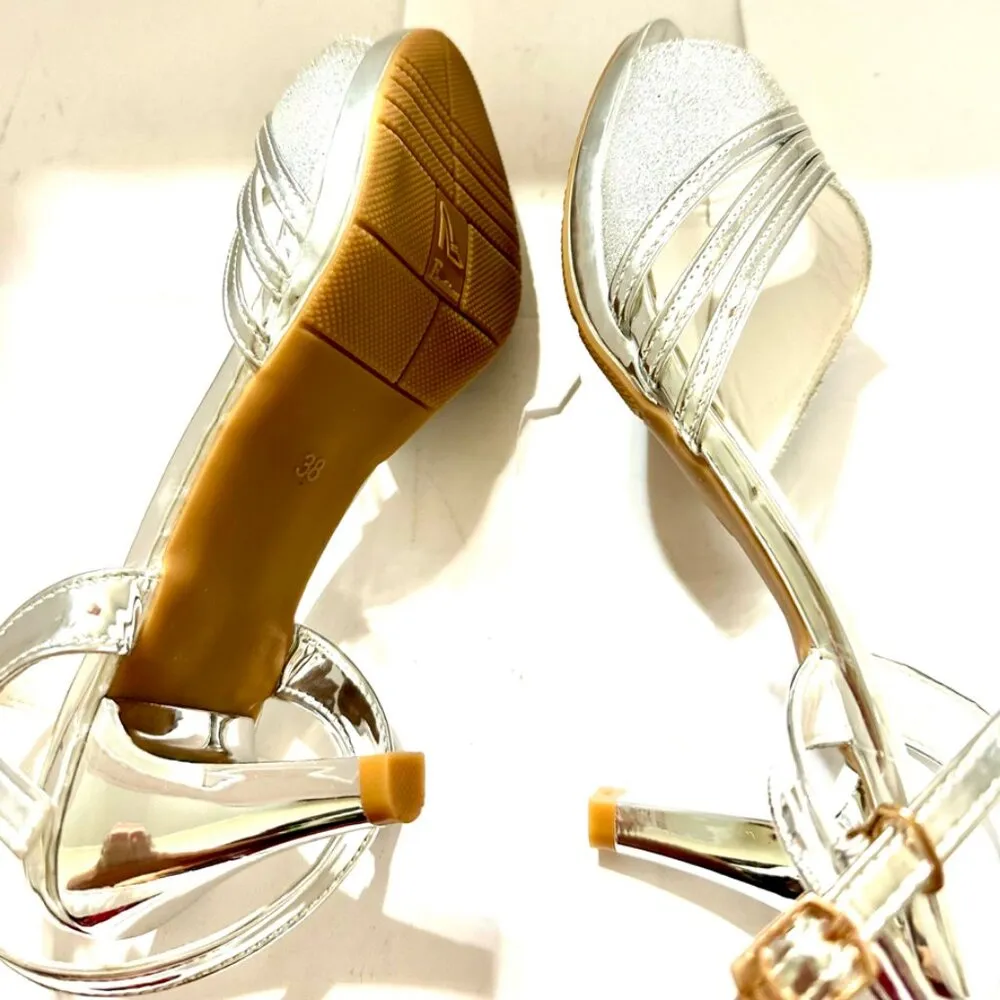 Fashion Glitter Sparkle Heel Ankle Open Toe Shoes Adult Women's Size 7.5 Silver - Image 5