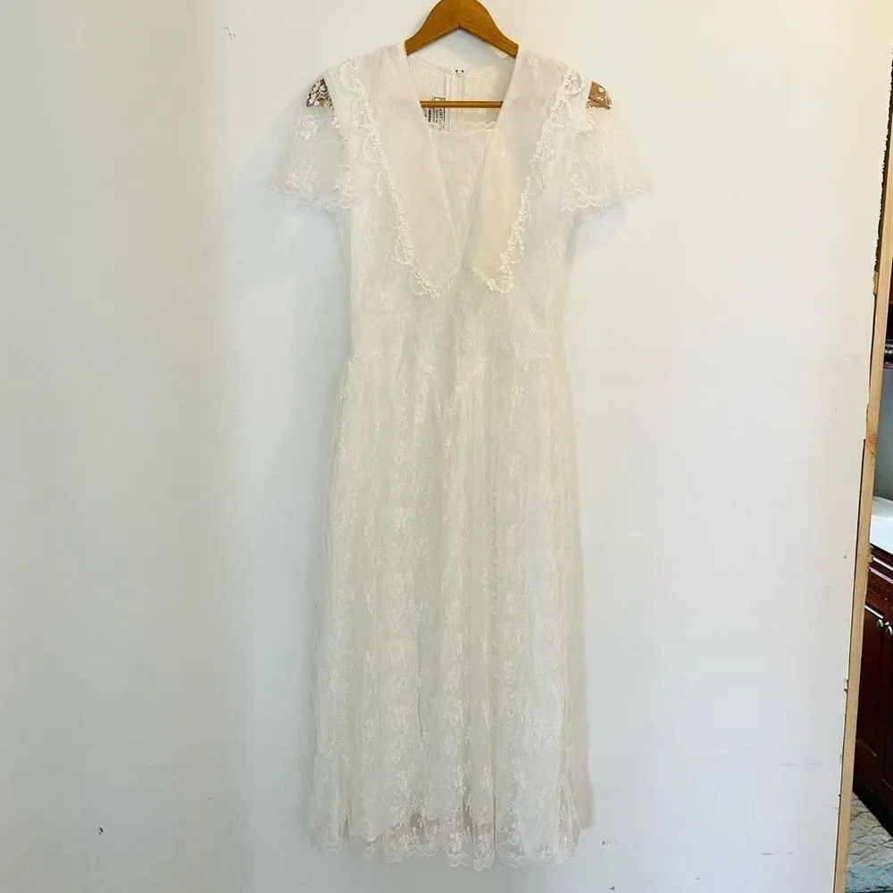 Jessica McClintock Gunne Sax White Ivory Lace Vintage Antique Dress Wedding 7/8 - Image 8