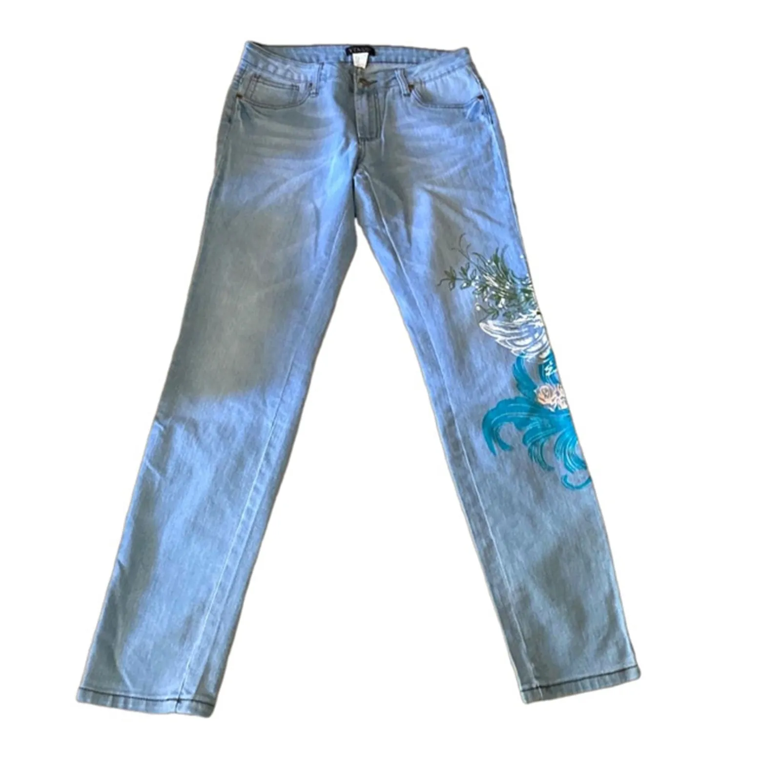 Venus Heart Floral Embroidered Jeans Women’s Size 6 Light Wash Y2K Boho Denim - Image 2