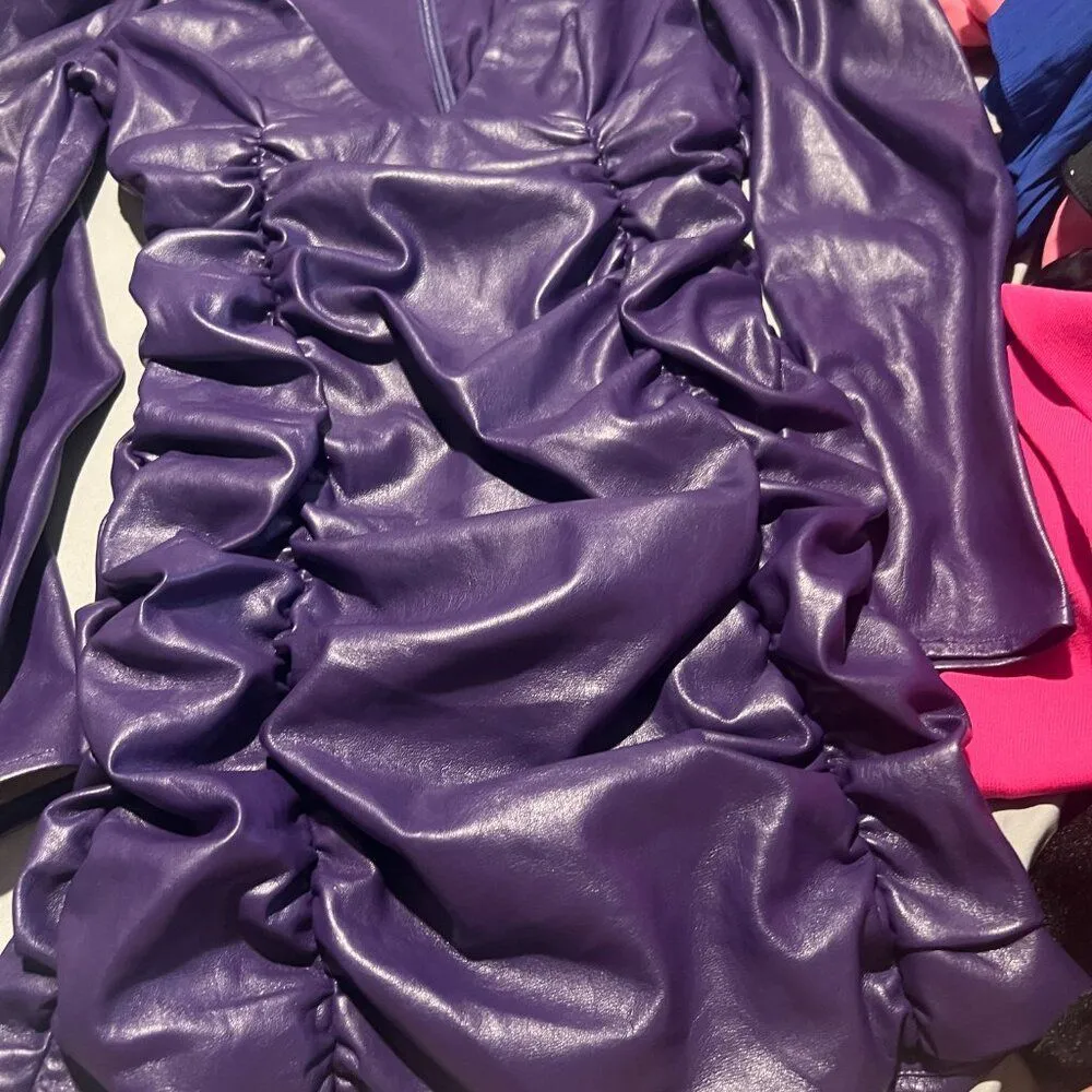 New Revolve Lovers + Friends Bardot Vegan Faux Leather Purple Mini Dress S - Image 10