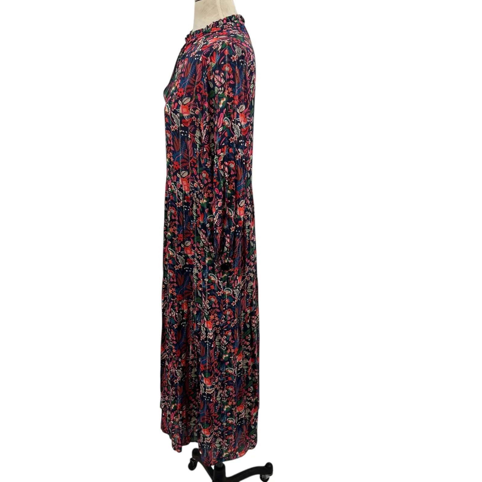 Vilagallo Midi Dress Kaftan Floral Print Metallic Navy Blue Multi Size 42 US 8 - Image 5