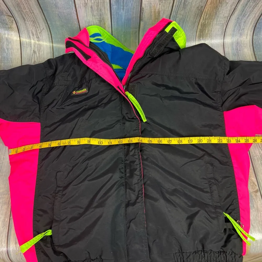 Columbia Vintage Ski Jacket 90s Large Neon Bugaboo Double Layer Coat Black Pink - Image 6