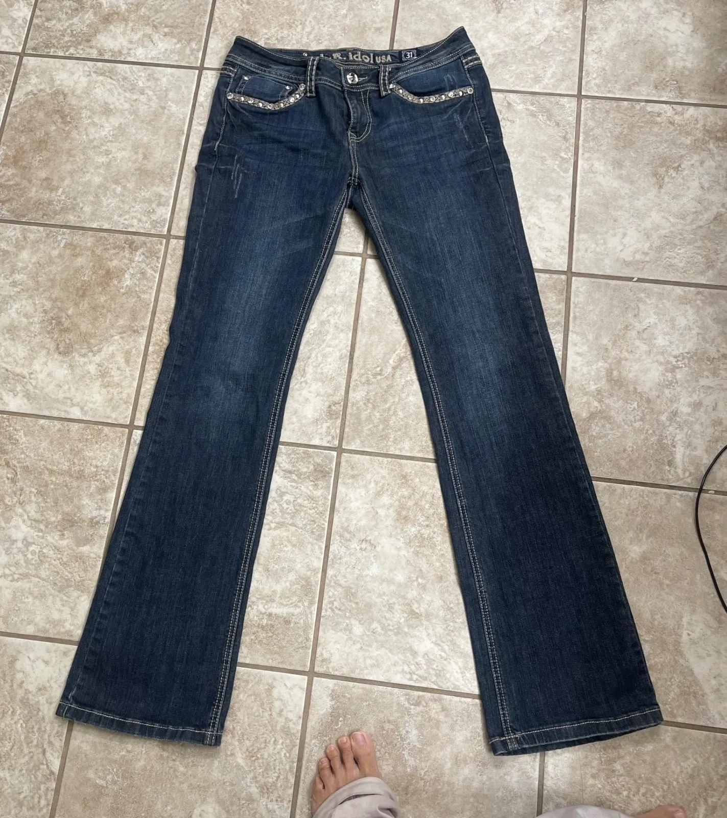 LA Idol USA Womens Embellished Bootcut Jeans Dark Wash Size 9/31 EUC bling boot Blue - Image 1