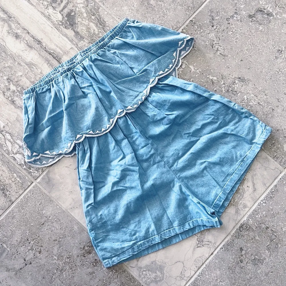 Japna Strapless Romper Blue with White Embroidery Size S NEW - Image 3