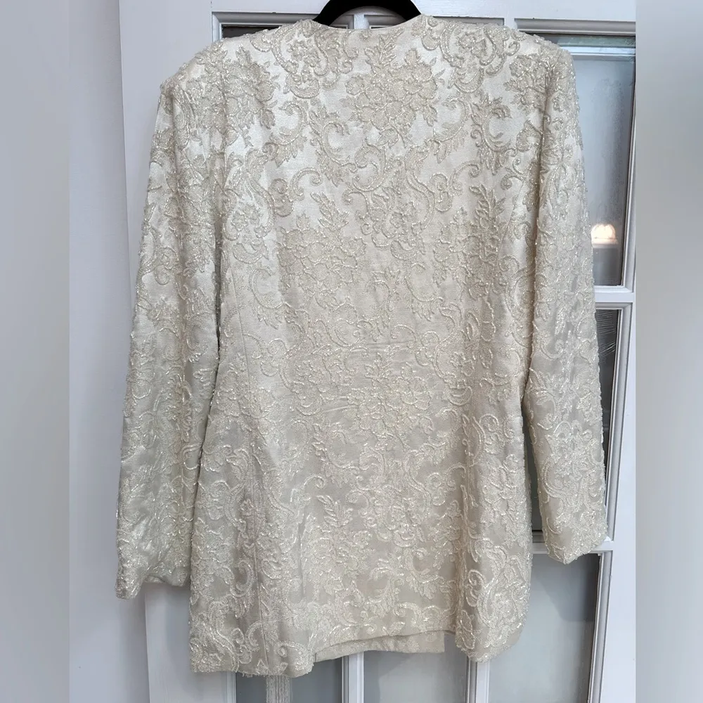 Vintage Carmen Marc Valvo Ivory Cream Lace Sequin Beaded Formal Jacket Size 14 L - Image 7
