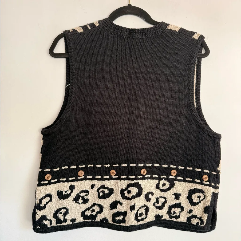 Vintage 90s Marisa Christina Ramie Cotton Knit Animal Print Button Up Vest Large Black - Image 5