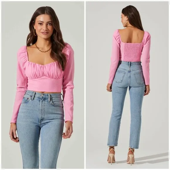 💕ASTR💕 Long Sleeve Sweetheart Neck Crop Top ~ Pink Small S NWOT - Image 2
