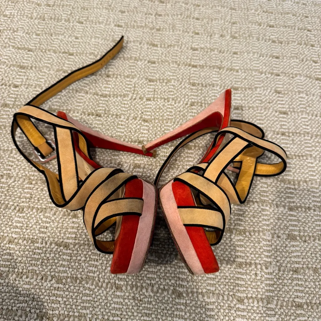 Rare Vintage Christian Louboutin Tan & Red Suede Strappy Heels | Size 8 - Image 3