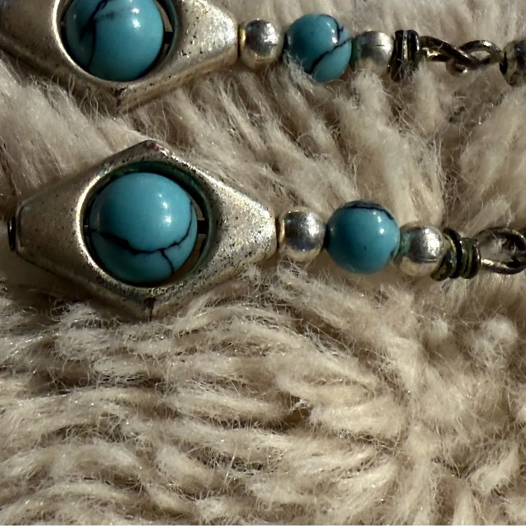 Boho Chic‎ Turquoise Blue Crystals Drop Pierced Earrings Western Navajo Silver - Image 2