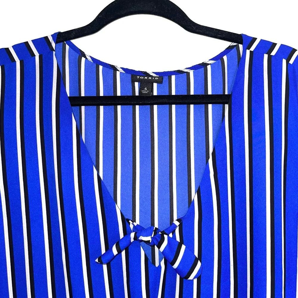 Georgette Blue & White Striped Tie Front Empire Waist Blouse - Image 3