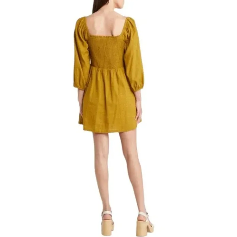 NWT Lost + Wander Sz XS 100% Cotton Smocked Bodice Mini Dress Mustard Yellow - Image 12