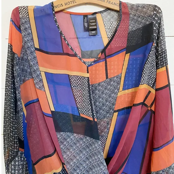 Bisou Bisou‎ Multicolored Block Print Faux Wrap Blouse - Image 3