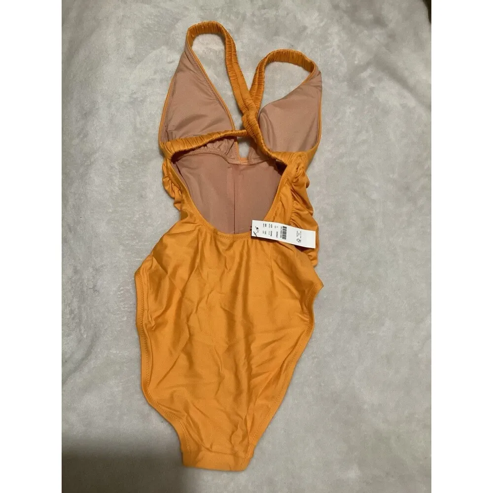 J. Crew Plunge Ruched One Piece Cross Back Removable Pads Swimsuit Orange 0 - Image 4