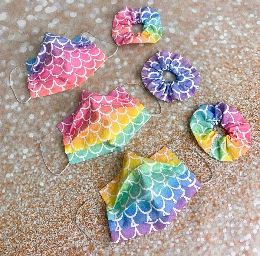 Rainbow Mermaid Fish Scale 100% Premium Cotton Face Mask With Scrunchie Multiple - Image 2