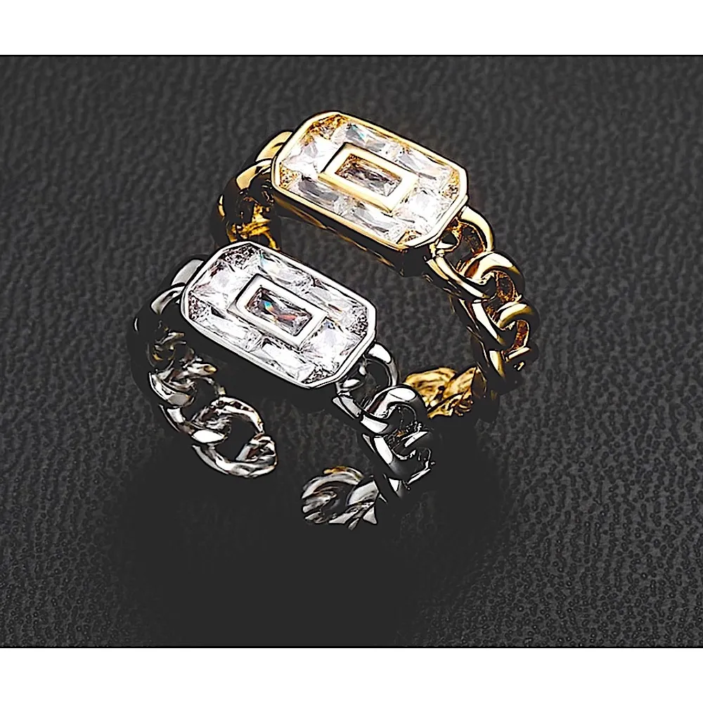 Unisex 14k Gold Filled Rectangle Diamond‎ Simulant Link Ring, Adjustable Open - Image 7
