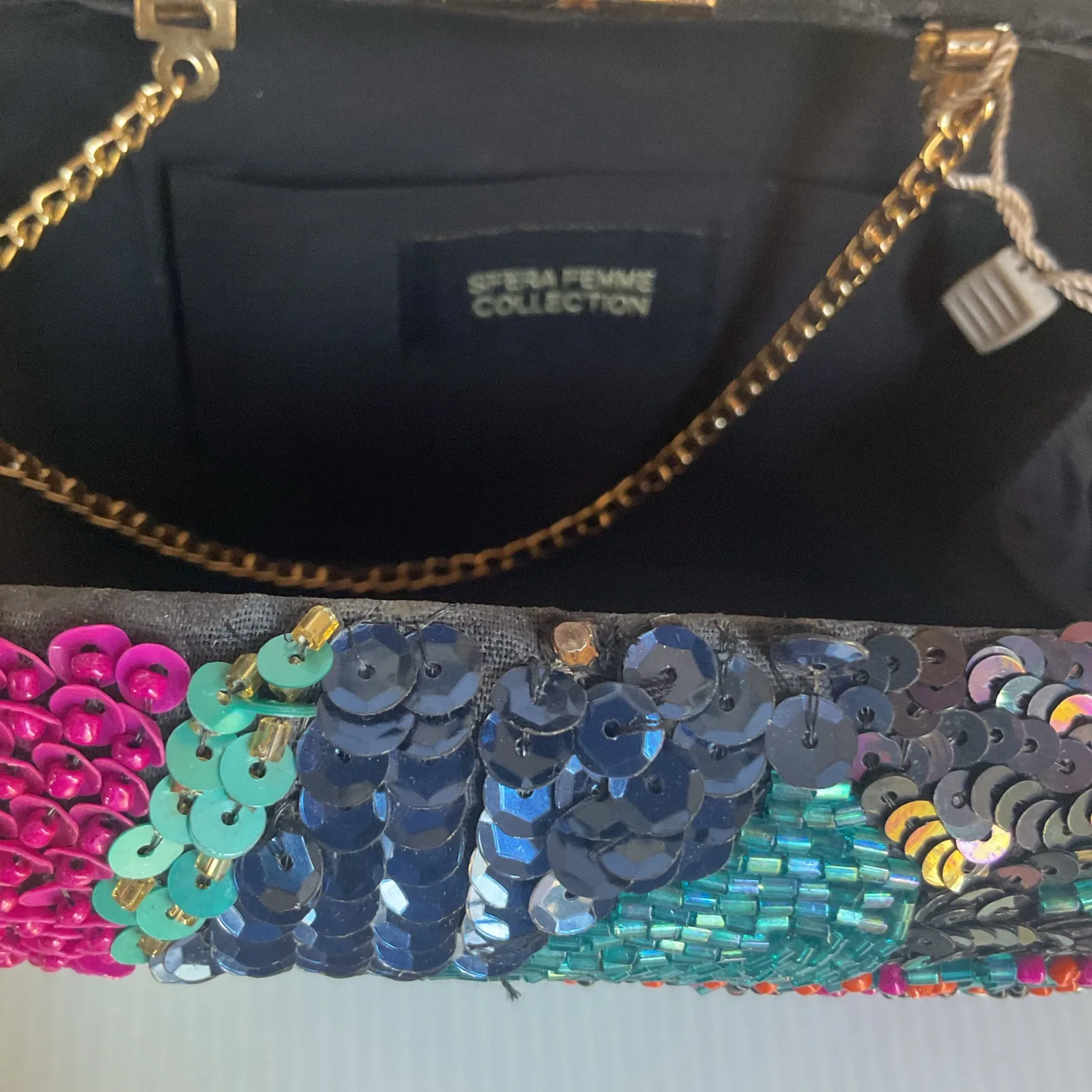 Sfera Beaded Sequin Clutch Bag with Chain Strap | Handmade Look Evening Purse - Image 8