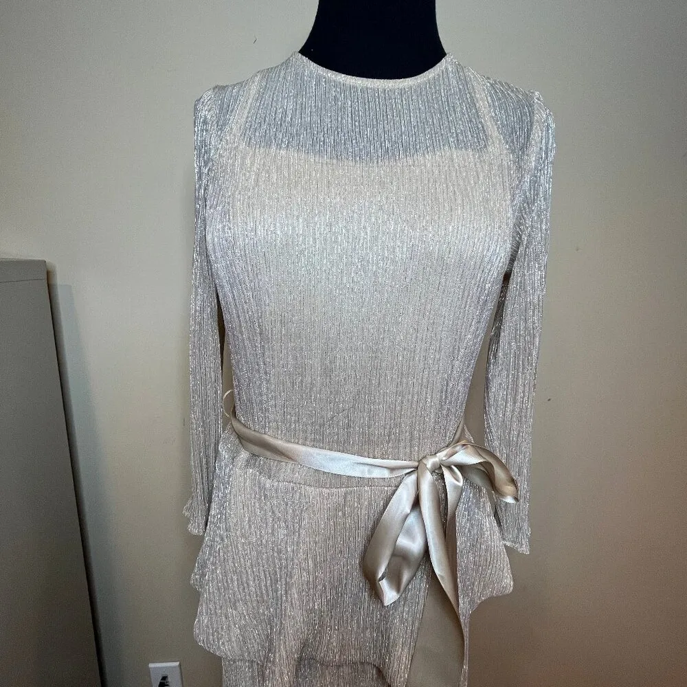 Gold Metallic Peplum Gown Dress Formal Gala SZ 12 MOTB Maxi Belted Elegant LS - Image 2