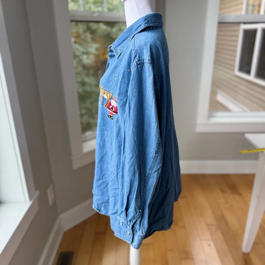 Vintage 90s Denim Embroidered Christmas Theme Jean Shirt Size 2X 18 - Image 5