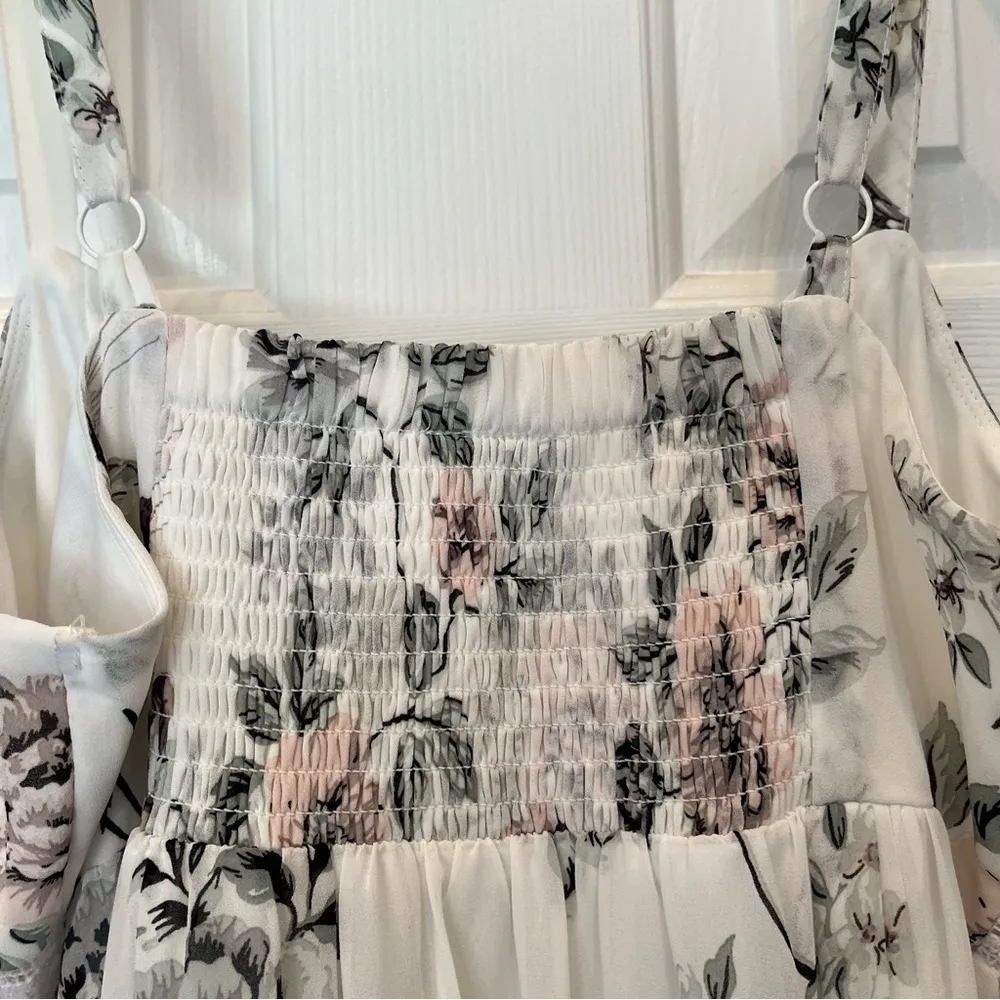 Torrid Maxi Sun Dress White Floral Bird Crane Print Tiered Size 00 Or 10 M/L Green - Image 5