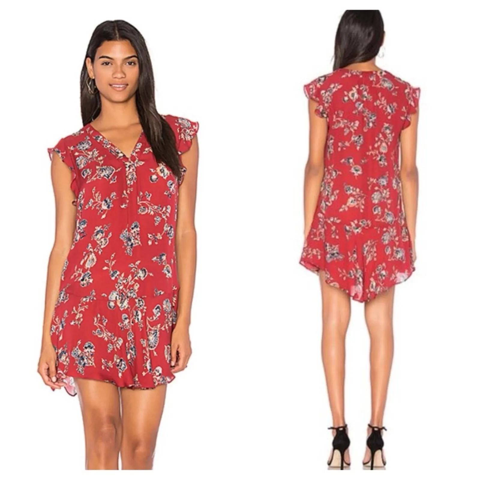 Joie Almarie B Red Floral 100% Silk Mini Dress Medium Georgette Drop Waist Boho - Image 15