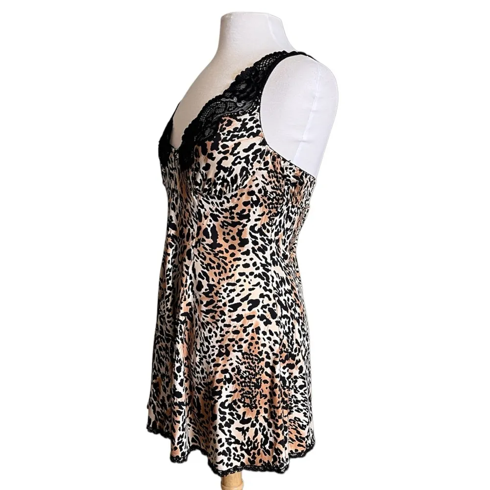 Leopard Print Slip Dress Nightgown Nightie Lace Lingerie M Medium Black - Image 4