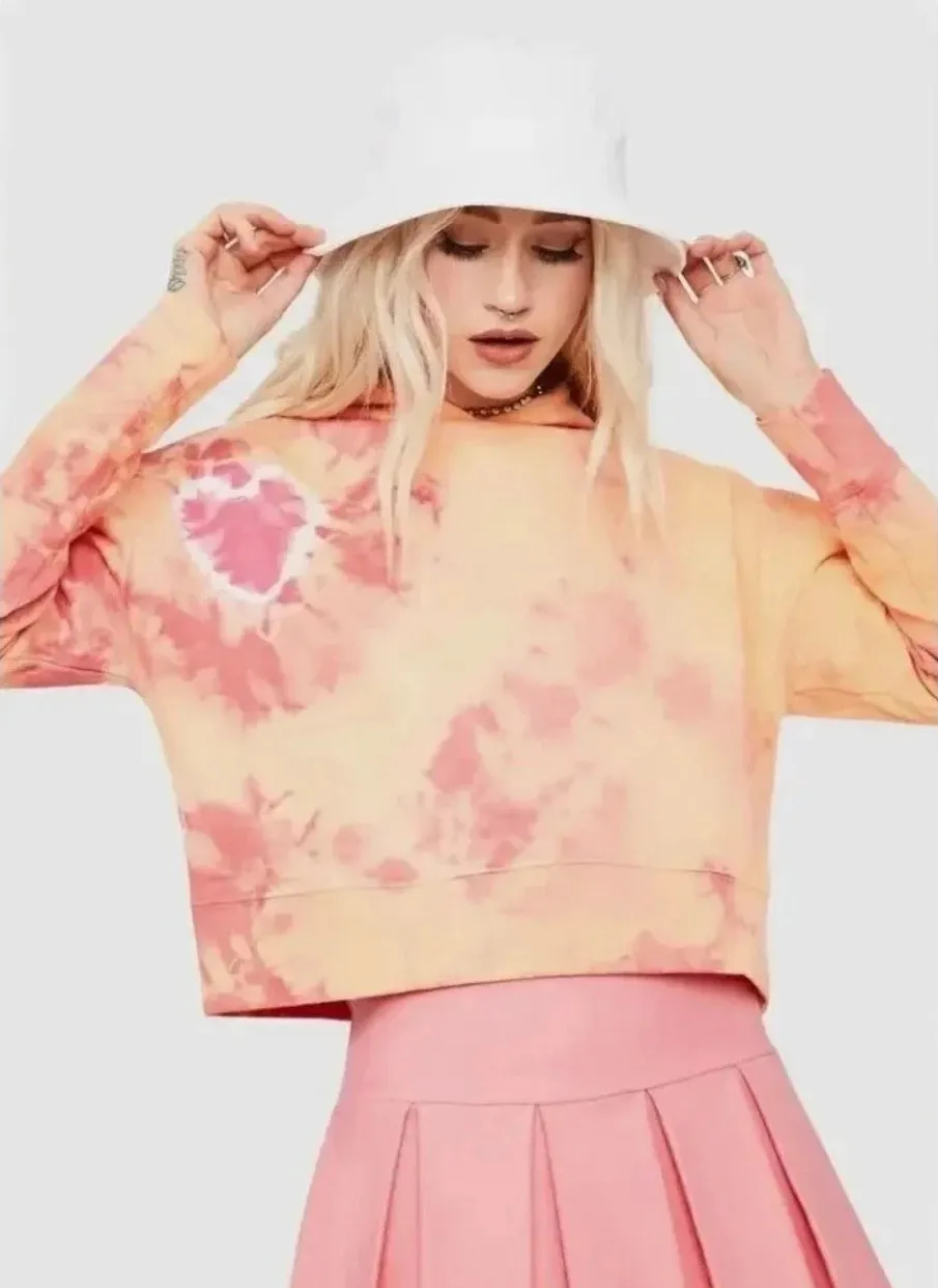 Frankie’s Bikinis Cropped Hooded tie dye sweatshirt in sherbert M Pink Size M - Image 1
