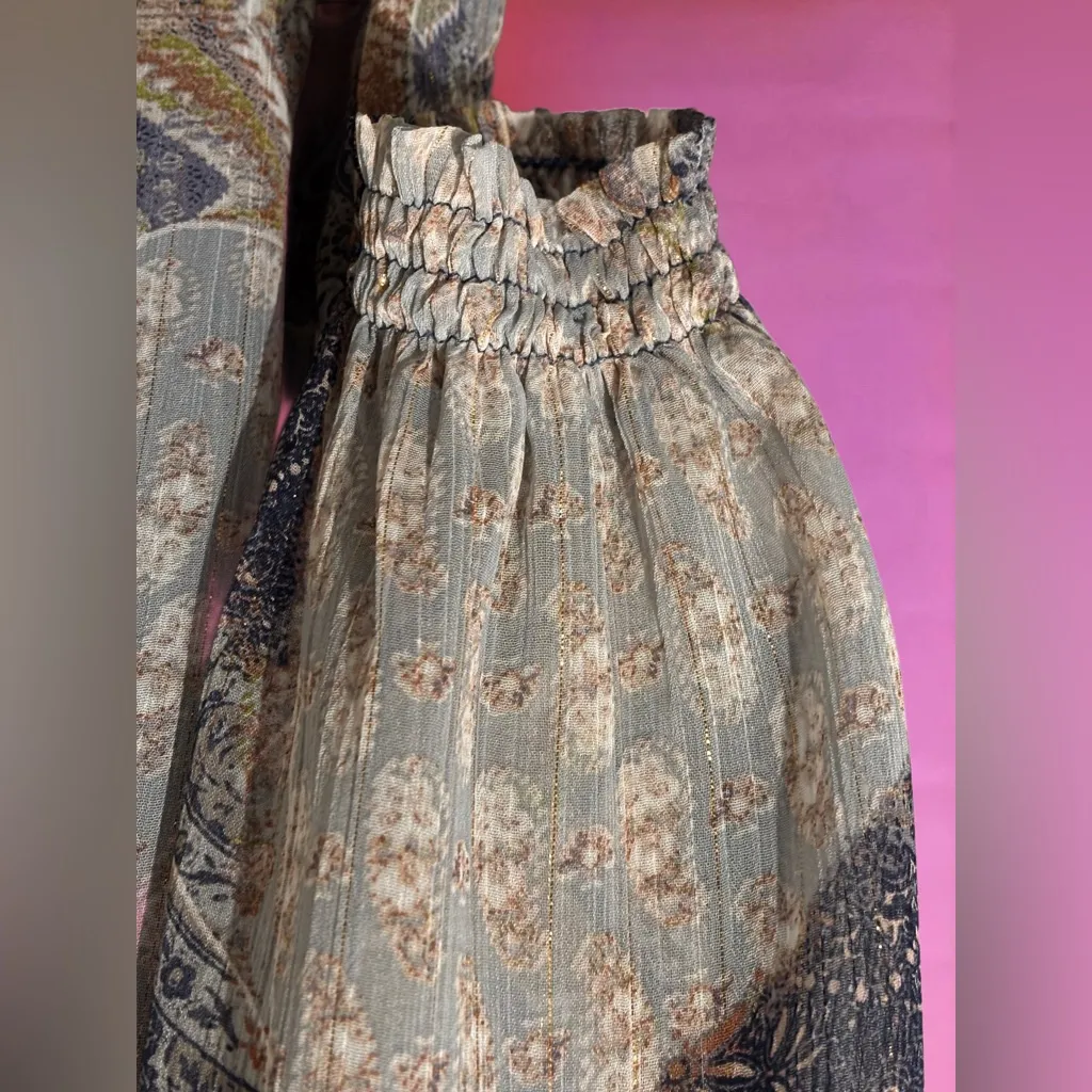 Zara Navy & Orange Paisley Ruffled V-Neck Mini Dress w/ Peasant Sleeves - Small - Image 8