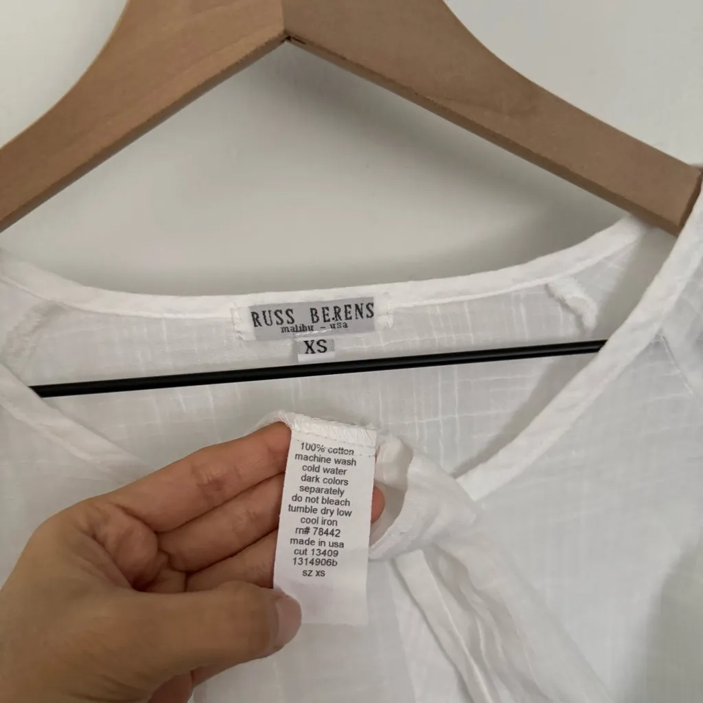 Russ Berens XS Button Up Crop Shirt White Boxy Sheer 3/4 Sleeve Cotton Lagen - Image 3