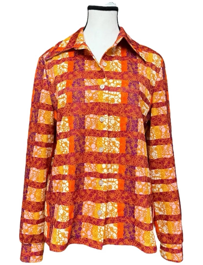 Vintage Dagger Collar Devon 70s Long Sleeve Abstract Mod Print Retro Medium EUC Orange Size L - Image 1