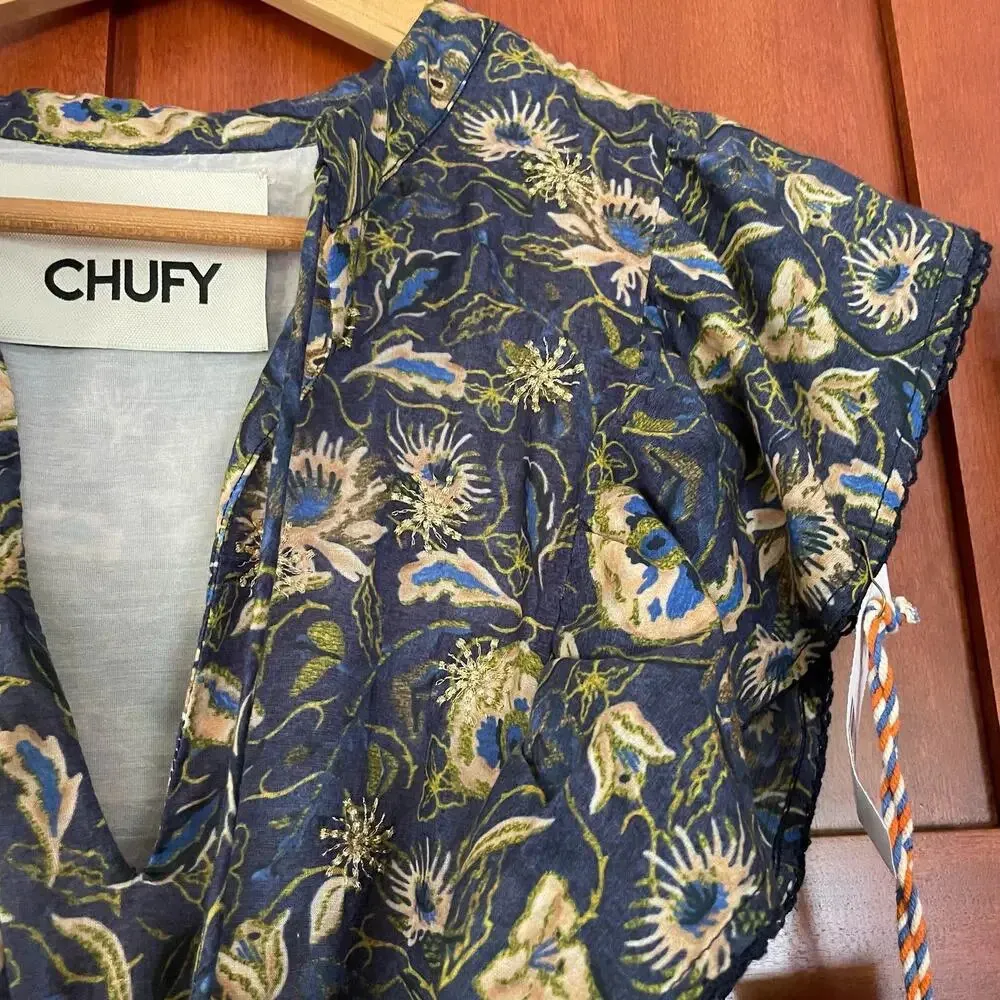 Chufy Amalfi Dress Mini Floral Print Cotton Silk Embroidered Size Small NEW Blue - Image 5