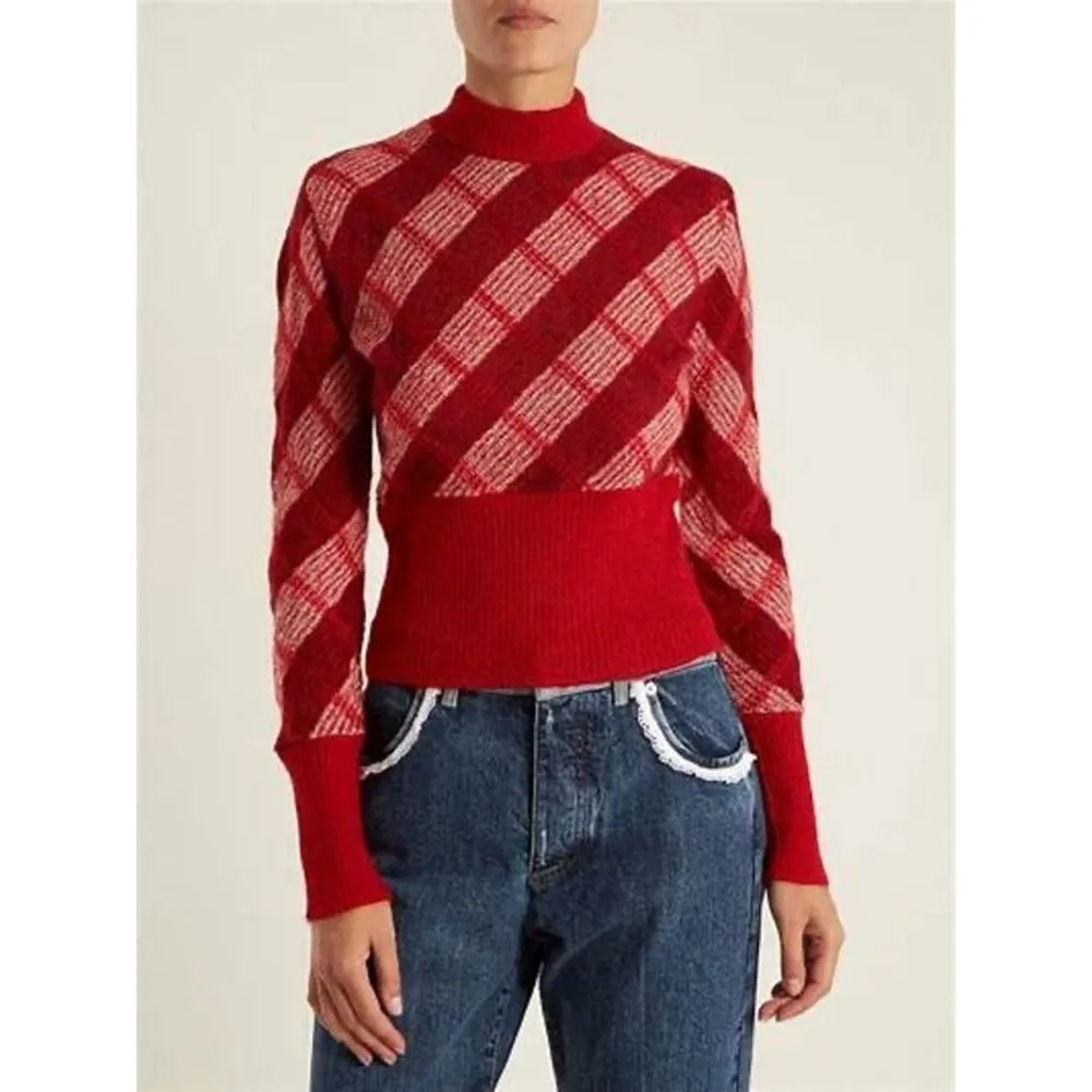 Miu Miu Red High Neck Checked Mohair Blend Pullover Sweater Size 46 - Image 2