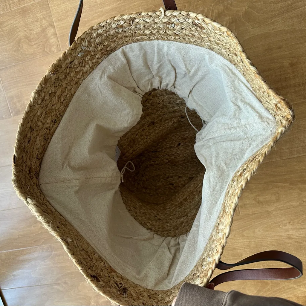 Mango Jute Basket Bag, Large Beach Tote, Drawstring Vacation Leather Handle Bag - Image 12