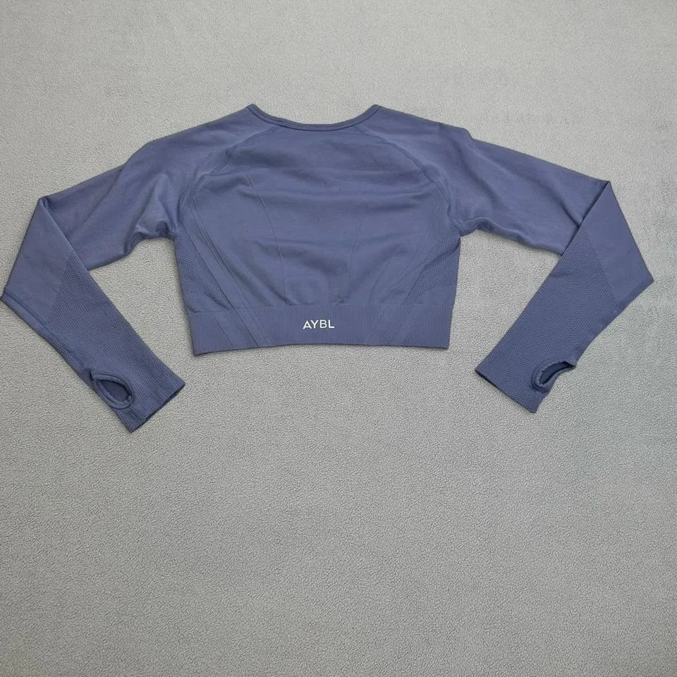 AYBL Core Staple Seamless Long Sleeve Crop Top Shirt M Blue Training Compression - Image 2