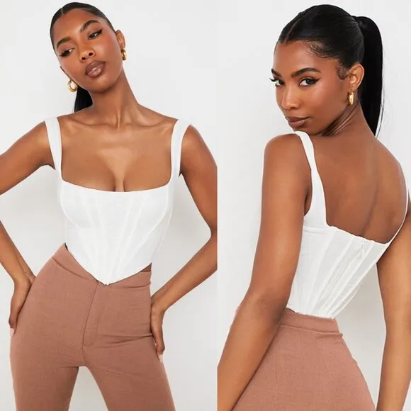 House of CB | Ninetta Curved-Hem Mesh Lined Corset Crop Top in White - Image 2