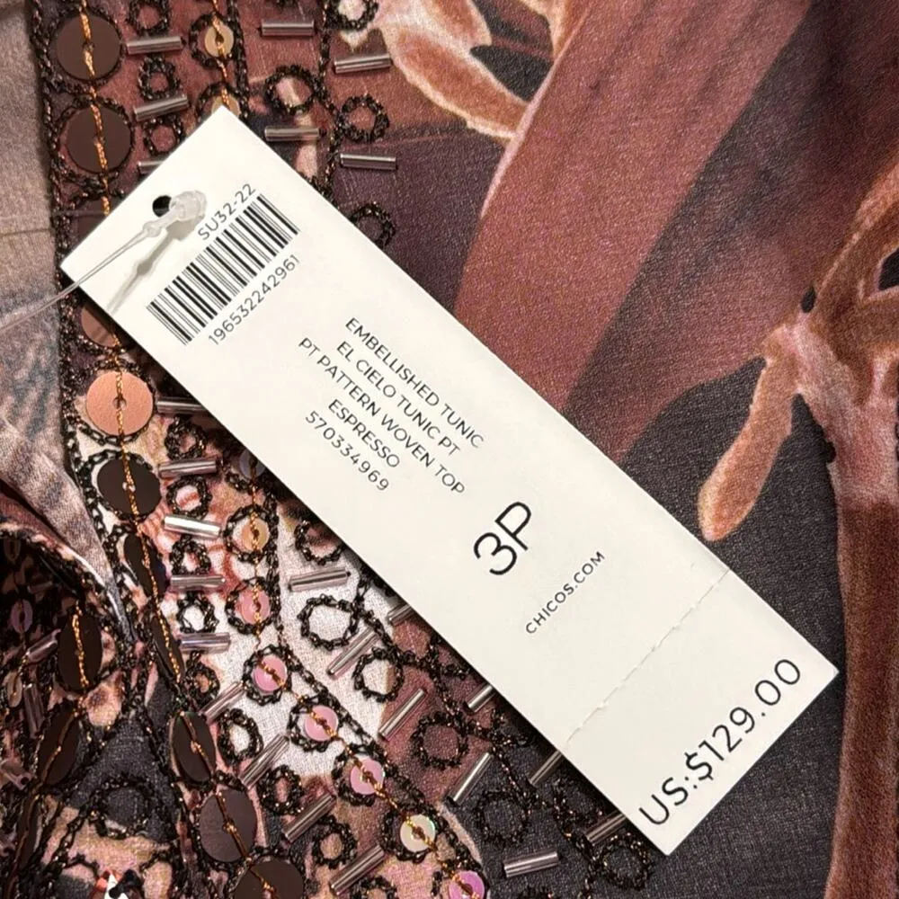 Chico's 3P (16/18P)  embellished floral tunic beaded v-neck 3/4 sleeve tunic NWT - Image 12