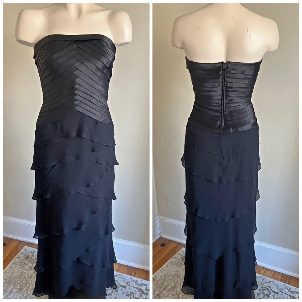 Vintage Tadashi Shoji Tiered Satin Chiffon Gown Black Strapless Dress 90s - Image 2