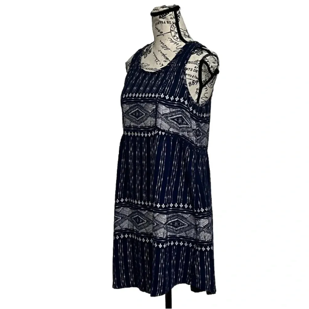 Roxy Women’s Navy Argyle Babydoll Mini Dress Size M Boho Peasant Beach Festival - Image 3
