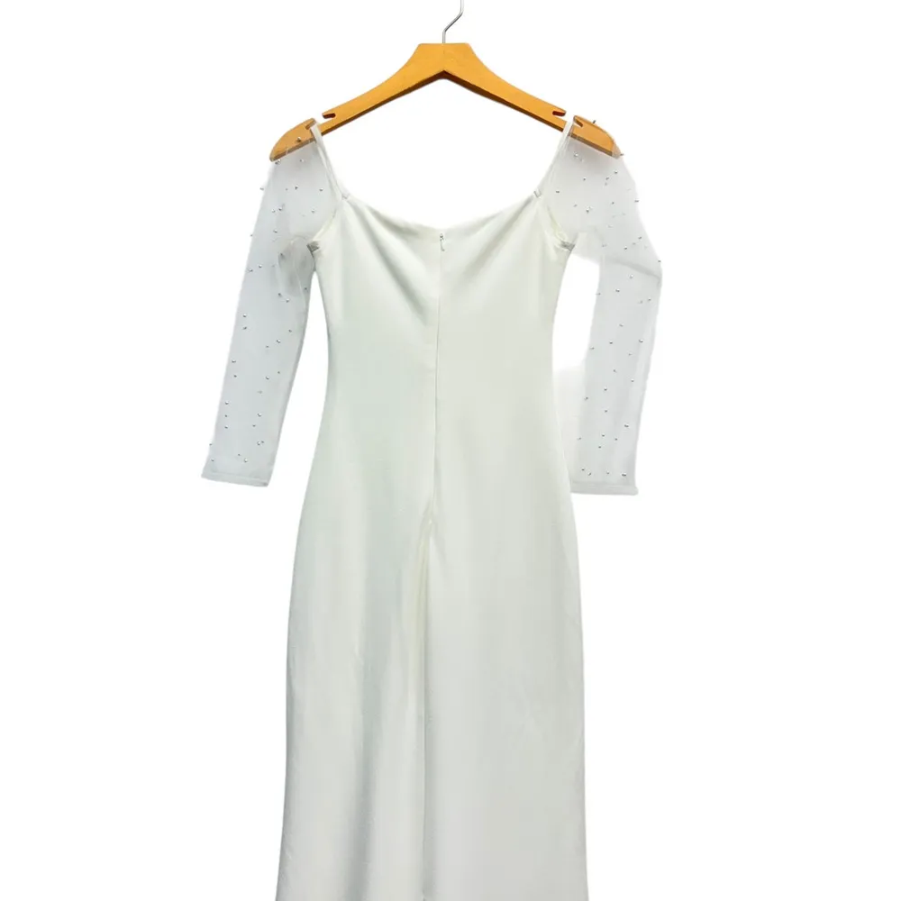 Lulus Eternally Beloved White Mesh Off-the-Shoulder Pearl Maxi Dress M NWT - Image 3