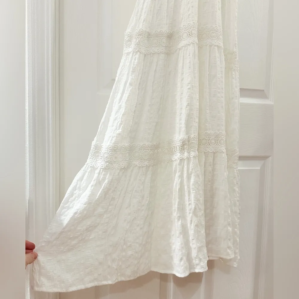 Lulu’s Light Breeze White Striped Crochet Lace Boho Tiered Maxi Dress Sz XS - Image 8