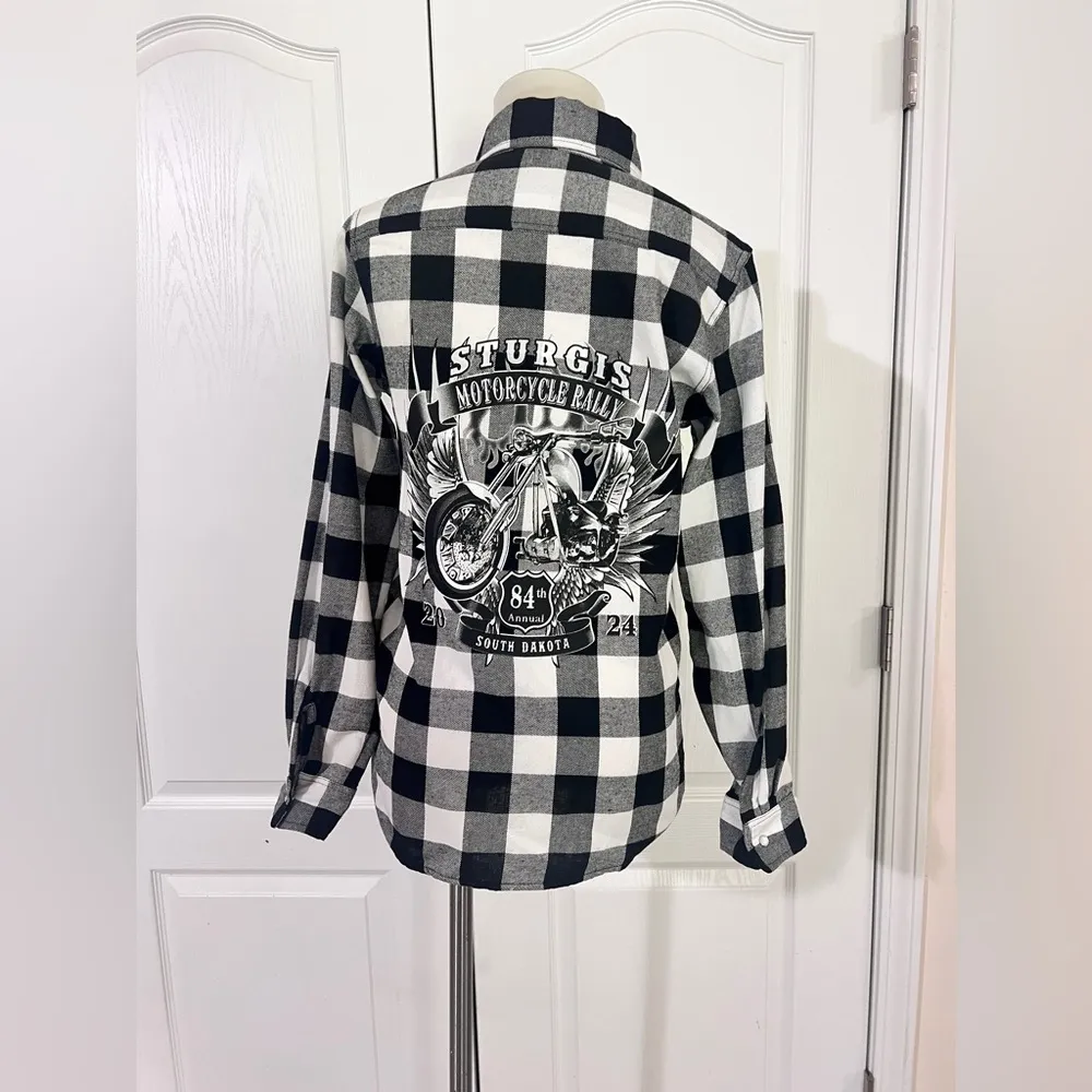 Maverick Trading Post Sturgis Motorcycle Rally Pearl Snap Checkered Shirt sz XXS Black - Image 5