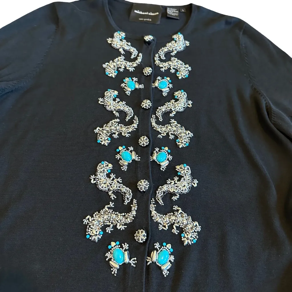 Michael Simon Vintage Retro Cardigan Sweater Turquoise Beaded Gecko Frog Large Black - Image 4