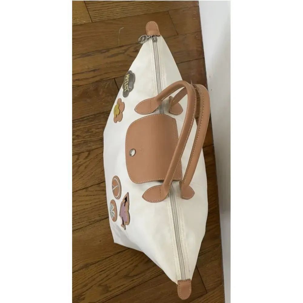 Longchamp Le Pliage Small Handbag Tote‎ White Tan Leather Paris Heart Patch - Image 4