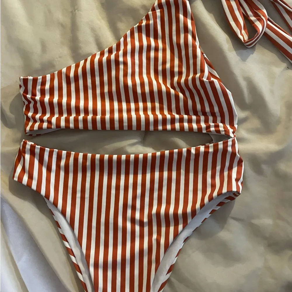 Women’s orange and white vertical striped cut out monokini/one piece swimsuit - Image 2