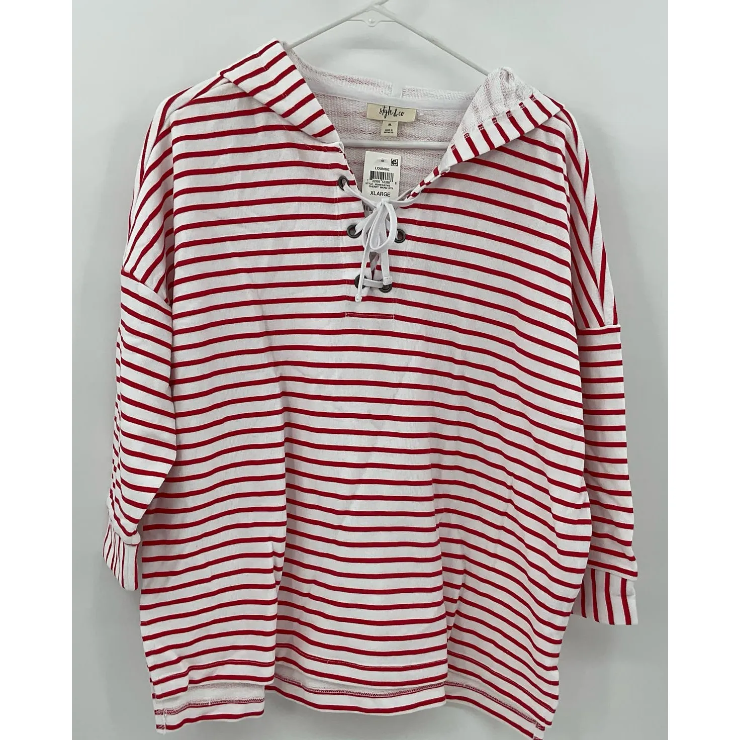Style & Co. Women's Striped Lace Up Hoodie‎ Red Size XL NWT (P91) - Image 2