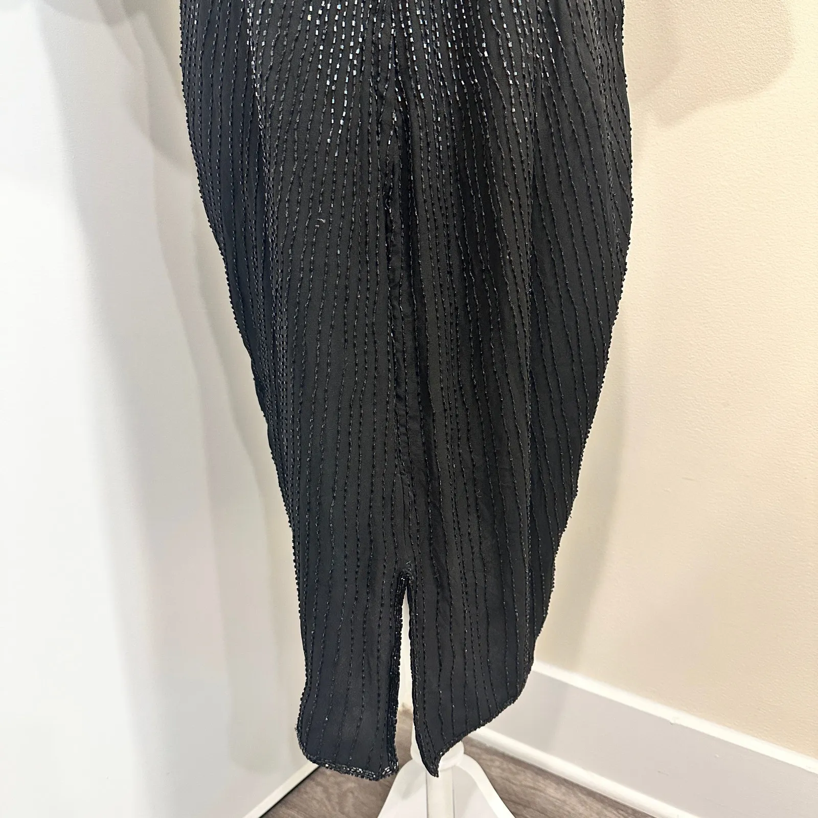 Vintage 80s Stenay Woman Black Silk Beaded Sequin Cocktail Shift Dress Art Deco Size 14 - Image 13