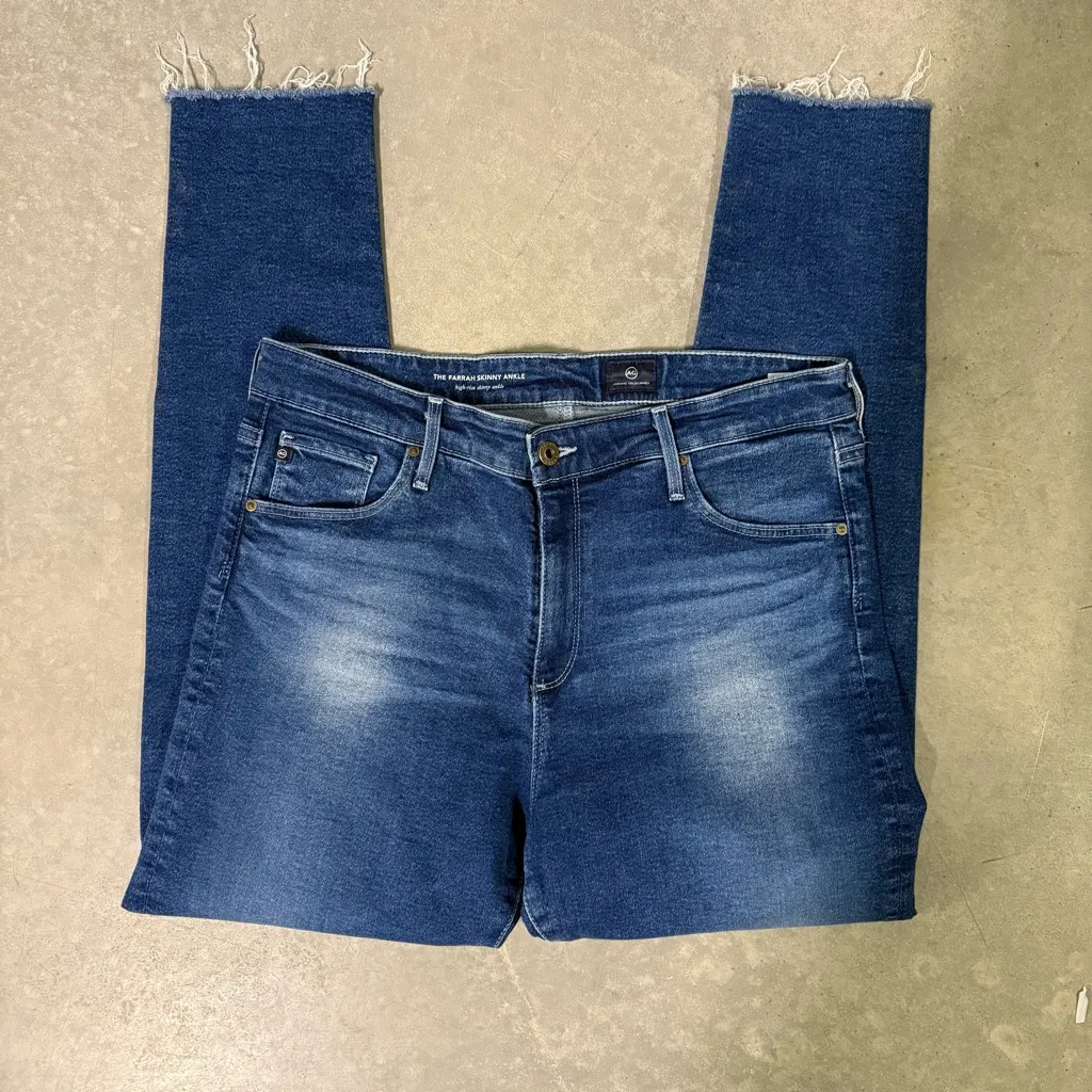 AG Farrah Skinny Ankle Jeans High Rise Raw Hem Distressed Blue Premium Denim - Image 3